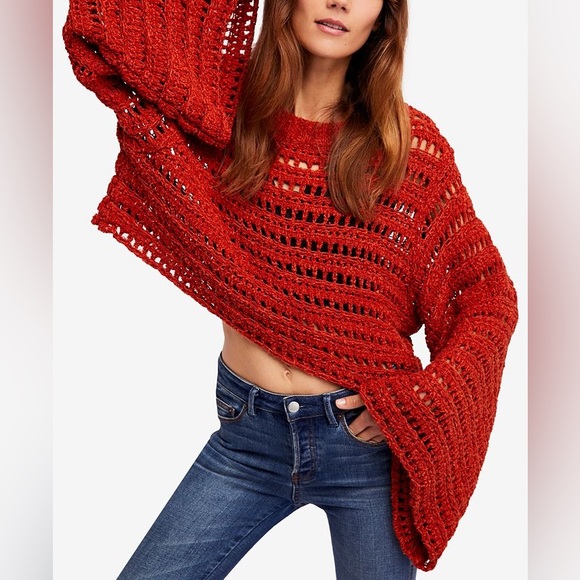 NWOT Free People Caught Up Bell-Sleeve Crochet Sweater - Picture 9 of 12